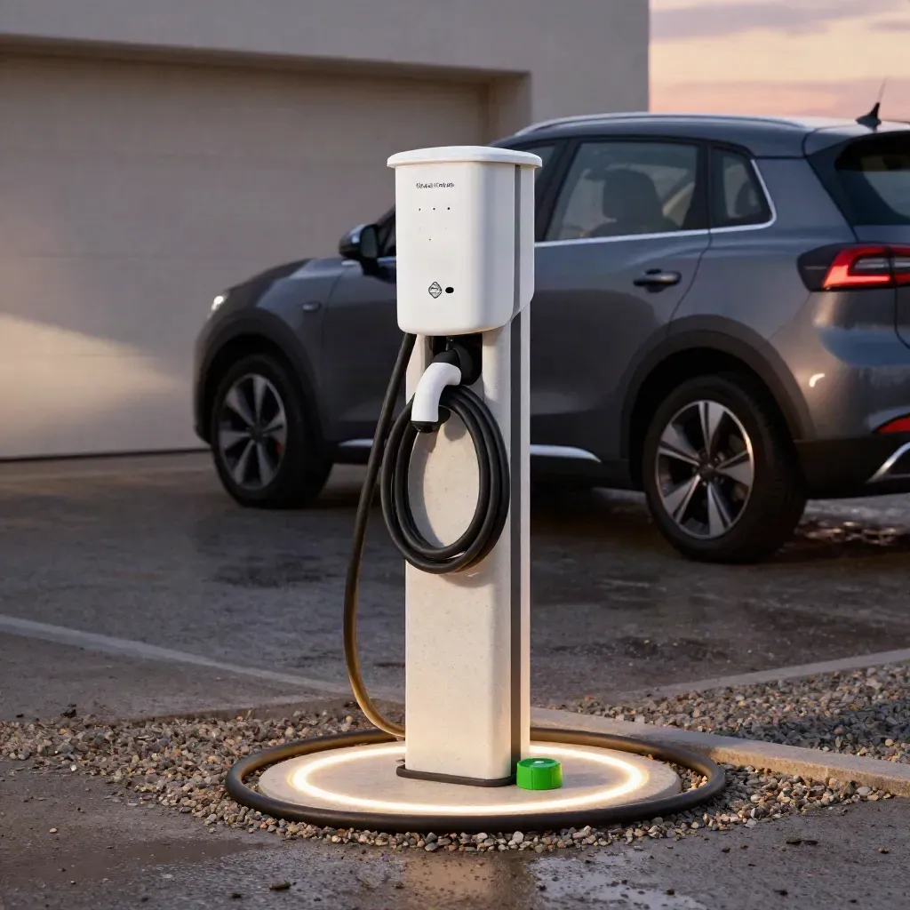 EV charger pedestal beside a compact hatchback on a damp gravel drive at dusk.