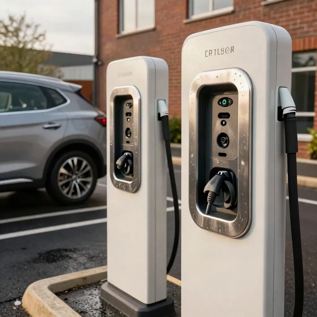 Two EV charger pedestals beside a parked fleet car on damp office bays.