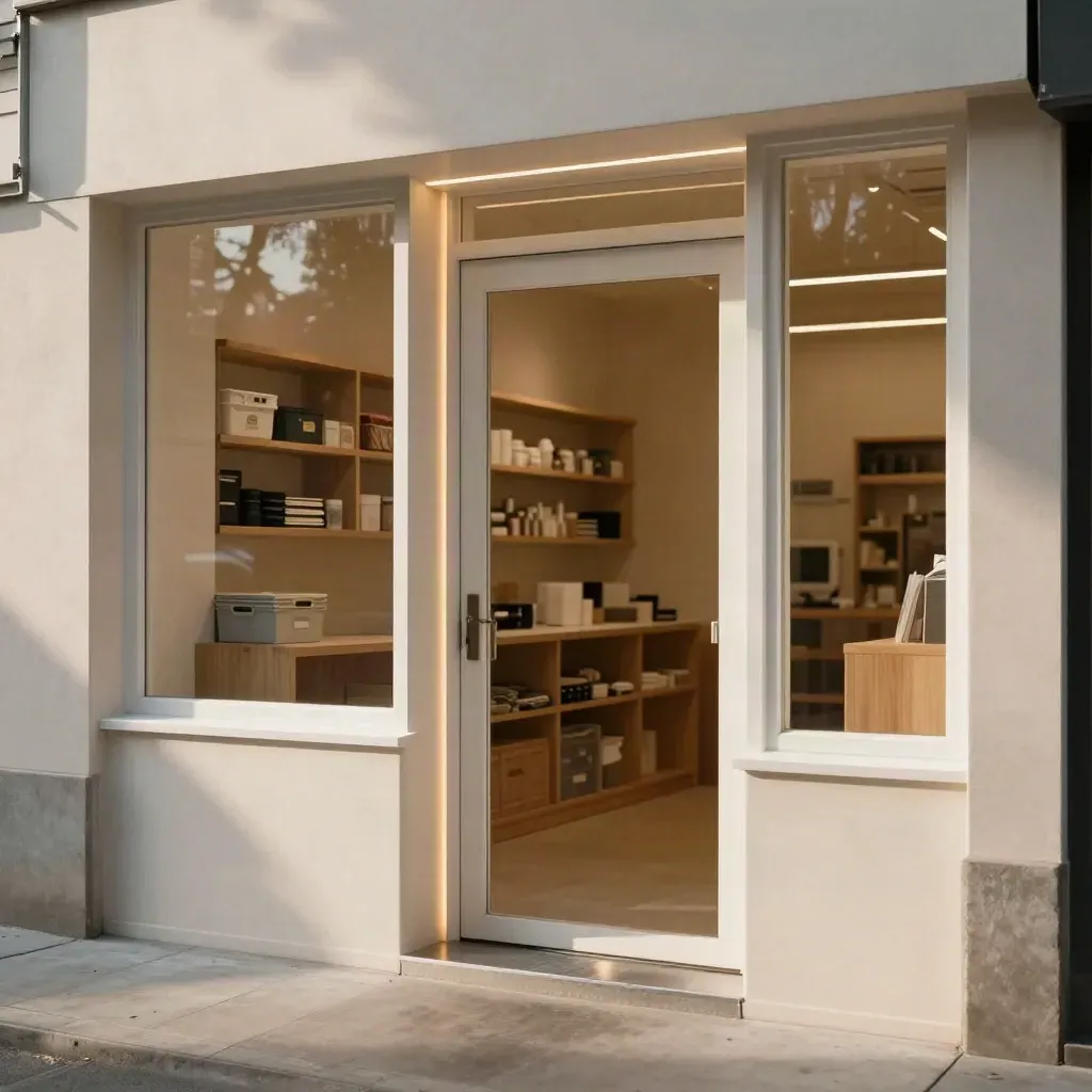 Bright rear shop room with sealed windows, LED strips and a neat insulated door.