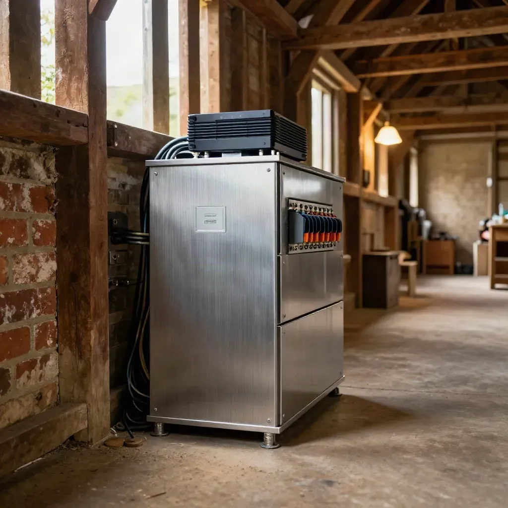 Wiltshire barn backup battery stack and inverter glowing in late-afternoon light