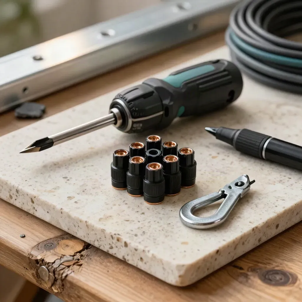 Solar install tools on a bench: MC4 connectors, torque screwdriver, roof hook and marker pen.