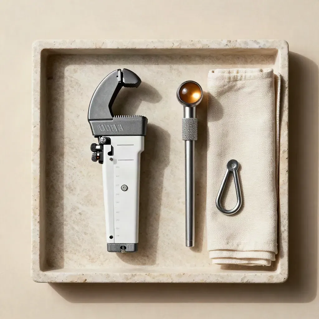 Overhead tray with clamp meter, torch, socket tester and roof hook sample on pale stone.