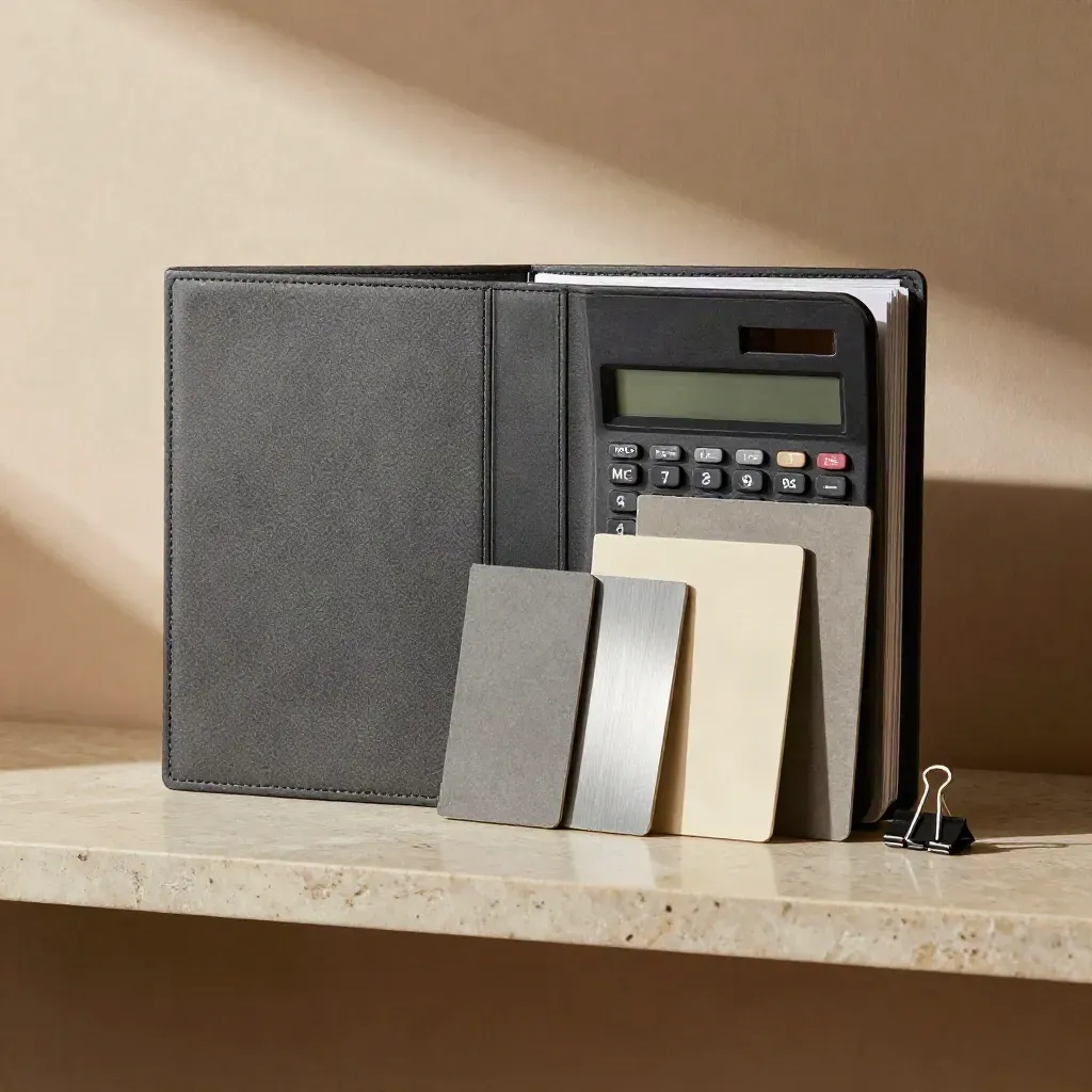 Closed quote folder, calculator and material swatches on a stone shelf in soft side light.