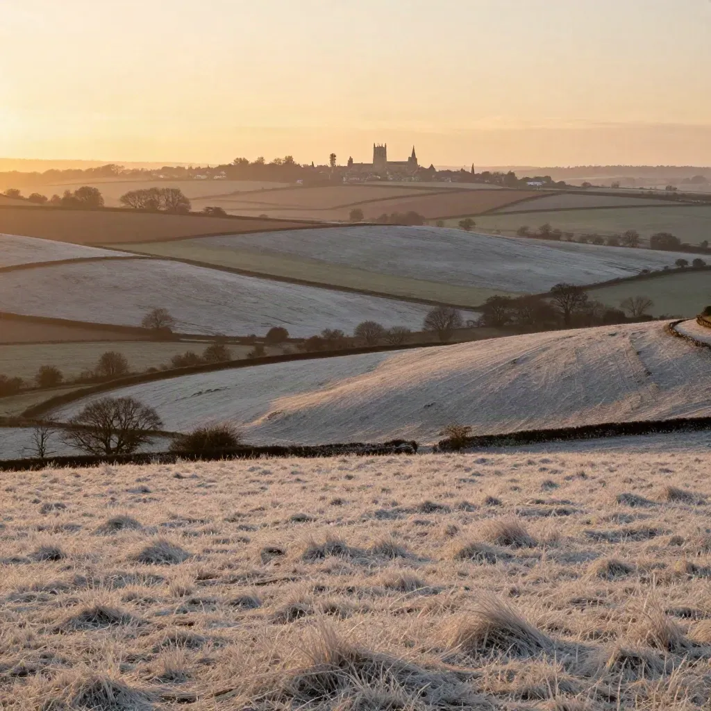 Golden sunrise over chalk downs and a distant cathedral town edge